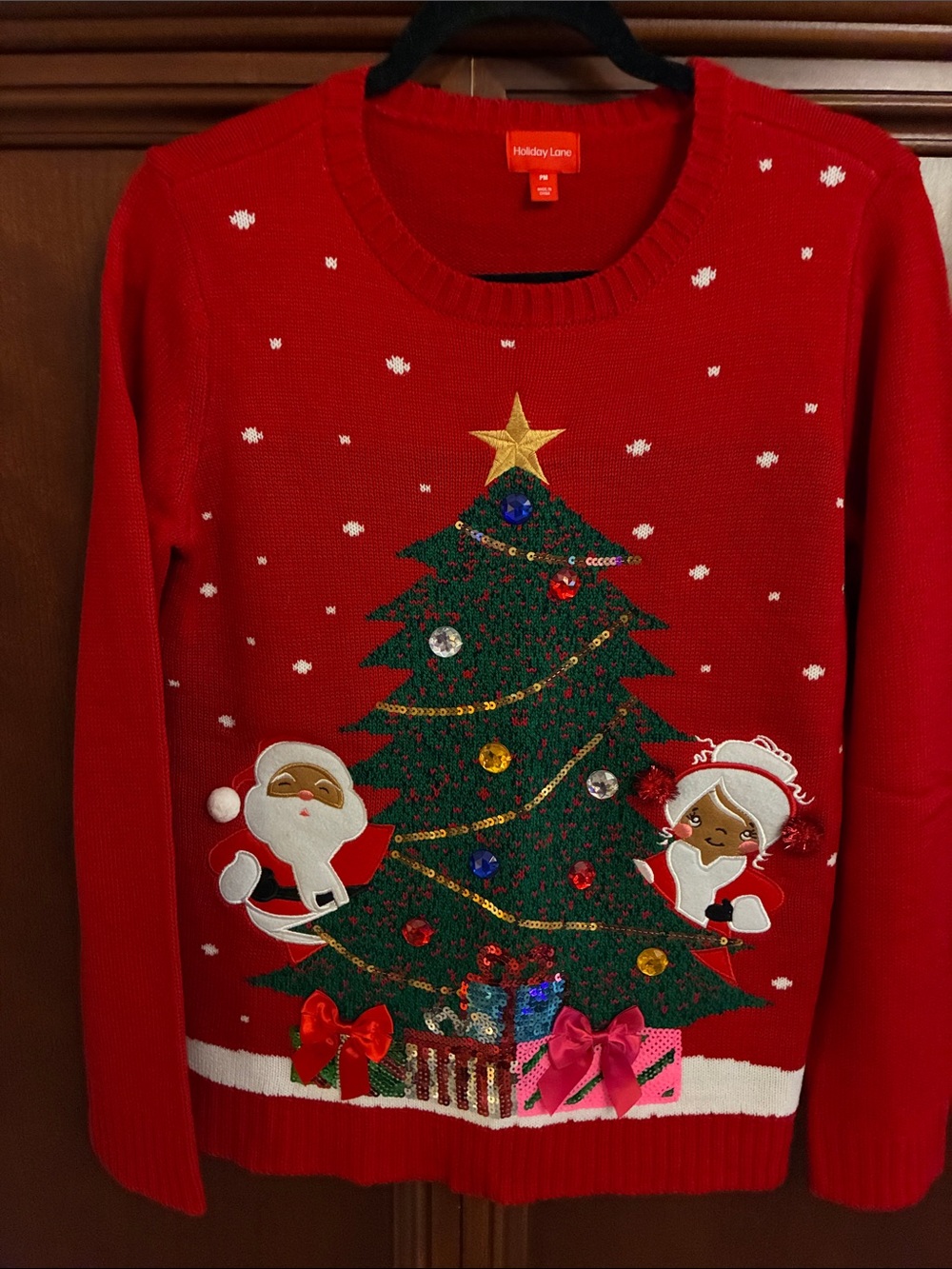 Talbots Red Holiday Sweater with Embellished Christmas Tree